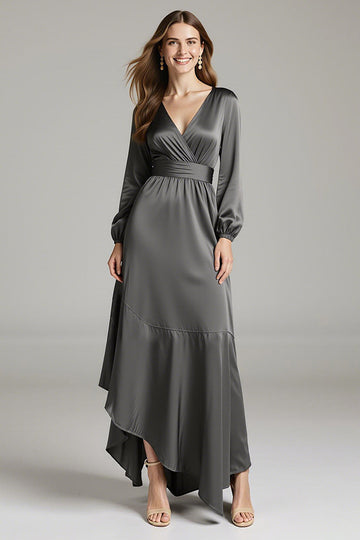 Steel Grey A Line Satin V-Neck Asymmetrical Long Black Tie Dress